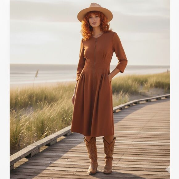 Custom Made Coastal Cowgirl Faux Suede A-Line Dress | Rust Orange Midi |Size 8 - Picture 1 of 3